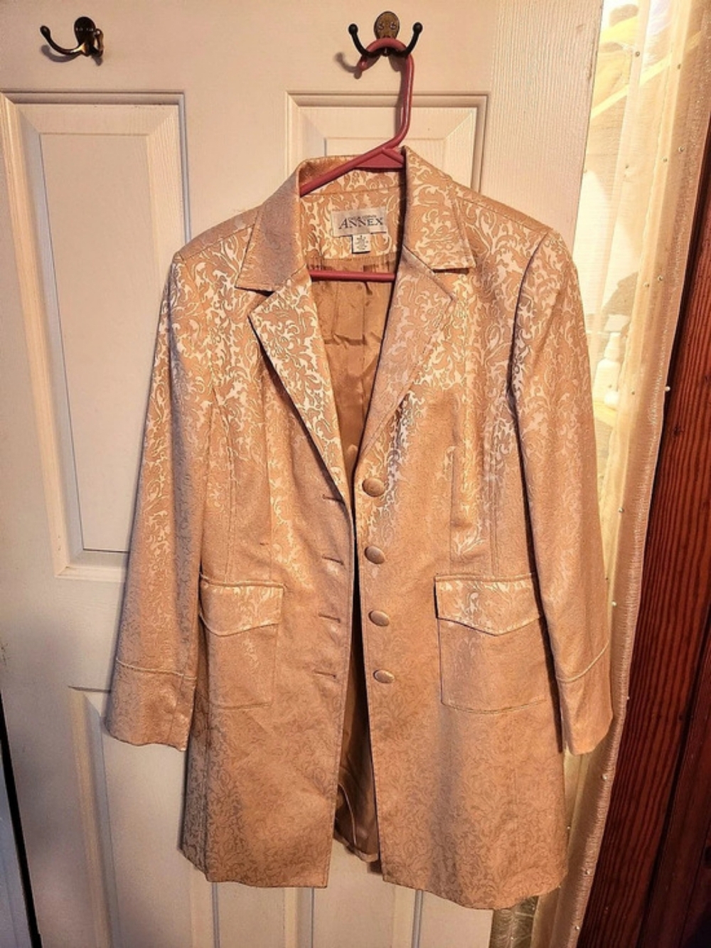 Casual Corner Annex Floral Jacquard Trench Coat Tan Size Medium